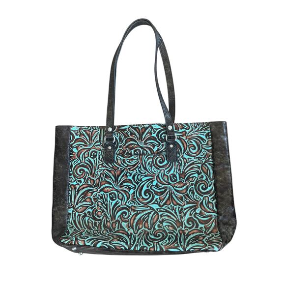 Patricia Nash Solaro Tooled Turquoise Leather Tote - Picture 1 of 12
